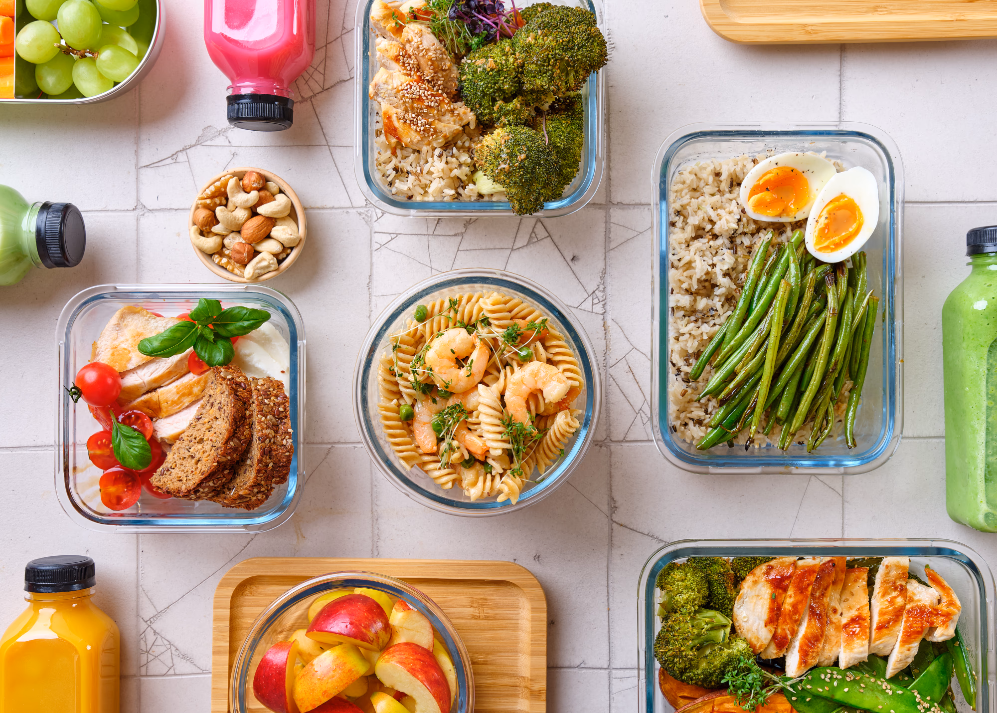 A variety of balanced prepared meals with vegetables, protein, grains, and fruit
